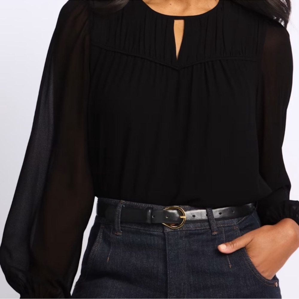 Daniel Rainn Black Pleated Yoke Keyhole Long-Sleeve Blouse